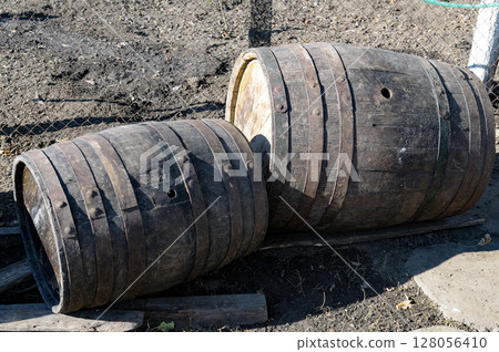 Old wooden barrels for alcoholic drinks Old wooden barrels for alcoholic drinks 128056410