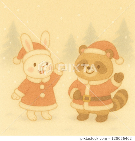 穿著聖誕老人服裝的兔子和浣熊的插圖 穿著聖誕老人服裝的兔子和浣熊的插圖 128056462