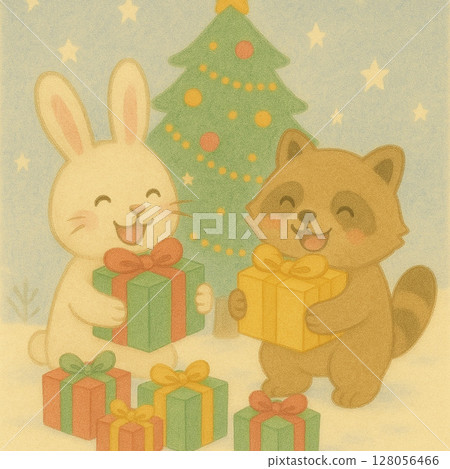 Illustration of a rabbit and a raccoon dog happy to receive a present 128056466