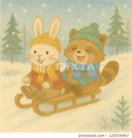 一隻兔子和一隻浣熊在雪地裡玩雪橇的插圖 一隻兔子和一隻浣熊在雪地裡玩雪橇的插圖 128056467