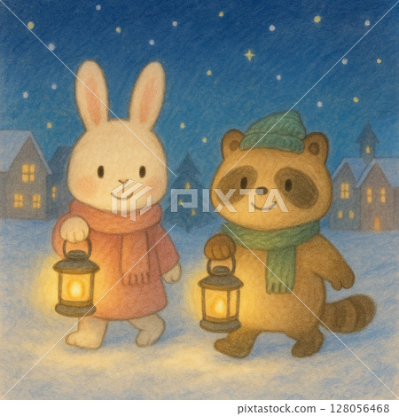 一隻兔子和一隻浣熊提著燈籠走在聖誕街上的插圖 一隻兔子和一隻浣熊提著燈籠走在聖誕街上的插圖 128056468