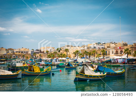 fishing boats near fishing village of Marsaxlokk (Marsascala) in Malta 128056493