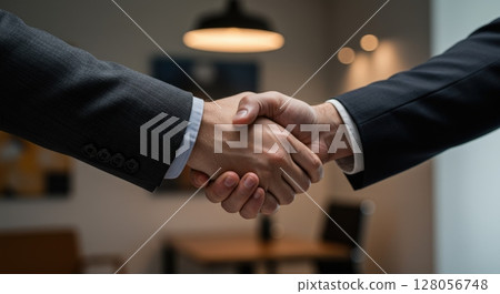 Professional business people solidify their agreement with a firm handshake in a modern office 128056748