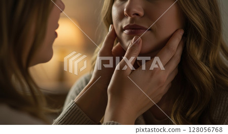 Tender romantic close up of lesbian couple where one woman gently holds another's face 128056768