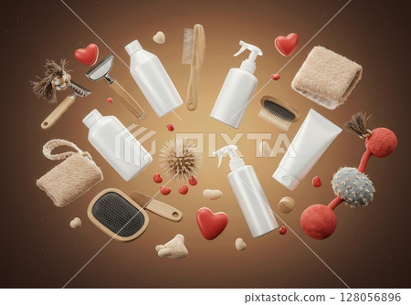 Pet Care Products and Accessories Floating in Cozy Summer Home Setting for Animal Lover Mockup and Branding 128056896