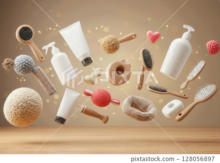 Pet Care Products and Accessories Floating in Cozy Summer Home Setting for Animal Lover Mockup and Branding 128056897