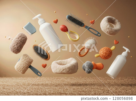 Pet Care Products and Accessories Floating in Cozy Summer Home Setting for Animal Lover Mockup and Branding 128056898