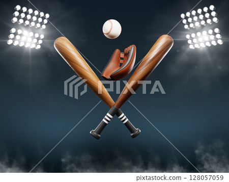 Baseball field with wooden bats, leather glove and ball illuminated by spotlights. Sport equipment logo on night stadium with spot of light. American or National league championship. 3D illustration Baseball field with wooden bats, leather glove and ball illuminated by spotlights. Sport equipment logo on night stadium with spot of light. American or National league championship. 3D illustration 128057059
