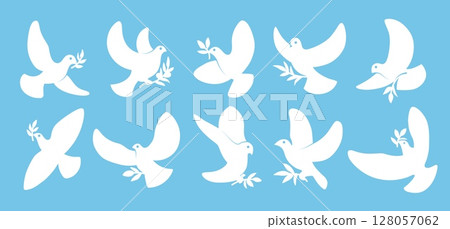 Dove silhouette. Peace bird mascot, abstract democracy, hope symbol. Pigeon of ukraine world solidarity, war free, funny urban drawing characters. Vector cartoon isolated illustration set Dove silhouette. Peace bird mascot, abstract democracy, hope symbol. Pigeon of ukraine world solidarity, war free, funny urban drawing characters. Vector cartoon isolated illustration set 128057062