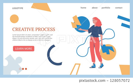 Creative business. Web banner template. Woman with abstract shapes. Girl holding geometric figures. Brainstorming concept. Inspiration and organization. Vector illustration Creative business. Web banner template. Woman with abstract shapes. Girl holding geometric figures. Brainstorming concept. Inspiration and organization. Vector illustration 128057072