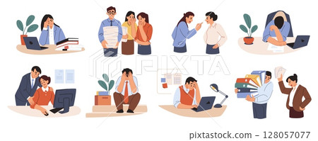 Work deadline. Tired man in stress. Lot of office woman in burnout. Anger or anxiety employee. Overworked collogues quarrel. Business worker missing agenda time. Vector concepts set Work deadline. Tired man in stress. Lot of office woman in burnout. Anger or anxiety employee. Overworked collogues quarrel. Business worker missing agenda time. Vector concepts set 128057077
