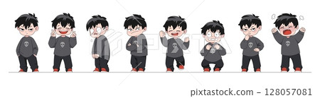 Japanese characters. Comic man expression. Manga boy illustration for kid animation. Happy face. Anime emotion. Angry or sad guy positions. Joyful laugh. Vector cartoon teenager poses set 128057081