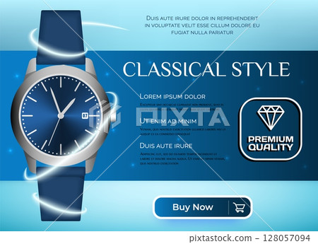 Wrist watch. Silver or chrome wristwatch. Classic style accessory with leather bracelet, promotional marketing banner. Shopping poster. Premium quality product 3d isolated vector illustration Wrist watch. Silver or chrome wristwatch. Classic style accessory with leather bracelet, promotional marketing banner. Shopping poster. Premium quality product 3d isolated vector illustration 128057094