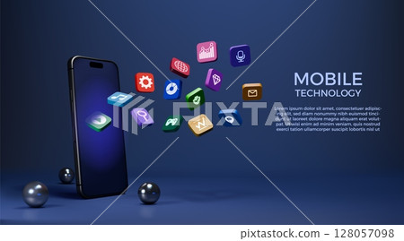 3D app icon. Phone display with application buttons. Social media infographic in multimedia smart technology. Cellphone screen menu symbols. Realistic metal spheres. Vector background 3D app icon. Phone display with application buttons. Social media infographic in multimedia smart technology. Cellphone screen menu symbols. Realistic metal spheres. Vector background 128057098