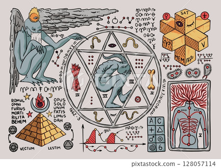 Magic symbols. Satanic demon spell. Ritual mystic drawing for incantation book on creepy parchment. Evil pictogram. Sorcery pentagram. Medieval grimoire sheet. Vector manuscript page 128057114