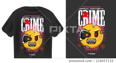 Partner in Crime Smile Robot Character T Shirt Design Vector, Grinning Cyborg Yellow Face with with Cybernetic Eye, Gold Chain, Band-Aids, Urban Style, Edgy Graphic Print Partner in Crime Smile Robot Character T Shirt Design Vector, Grinning Cyborg Yellow Face with with Cybernetic Eye, Gold Chain, Band-Aids, Urban Style, Edgy Graphic Print 128057118