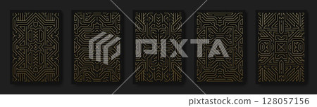 Art deco card. Geometric pattern deck, tarot or gatsby mystery engraving. Sacred artdeco frame, magic aesthetic. Elegant premium background. Vertical creative backdrop. Vector design 128057156