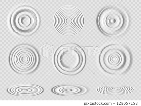 Water wave. Top view drop effect. Circle splash texture or calm concentric motion side. Realistic clear rain. Concentric rounds. Raindrop splashing. Vector surface ripple elements set 128057158