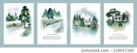 Watercolor forest. Green nature mountain. Bird and fir in sky landscape for invitation card. Eco book. Wild animal. Bear or deer at river. Painting design poster. Vector backgrounds set 128057160