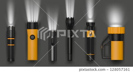 3D flashlight. Electric torch light. Flash lantern beam or realistic led glow. Hand lamp. Illumination equipment side view. Travel spotlight. Projector ray. Vector lighting objects set 3D flashlight. Electric torch light. Flash lantern beam or realistic led glow. Hand lamp. Illumination equipment side view. Travel spotlight. Projector ray. Vector lighting objects set 128057161