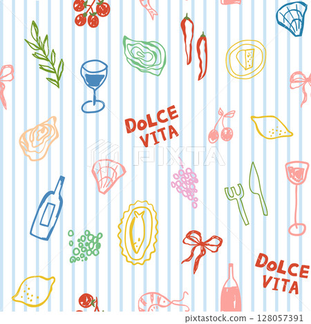 Blue striped Mediterranean summer seamless pattern with Italian food, wine. Vector dolce vita print, wallpaper 128057391