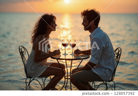 Couple Drinking Wine Romantic Ocean Sunset Dinner 128057392