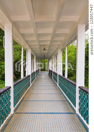 Tropical covered walkway with architectural columns and railing Tropical covered walkway with architectural columns and railing 128057447