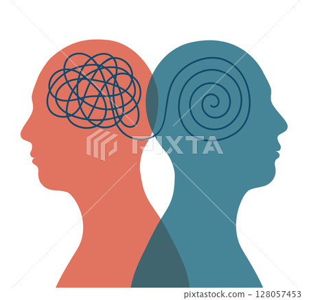 Two head silhouette bipolar disorder mind mental health tangle untangle brain psychology concept Two head silhouette bipolar disorder mind mental health tangle untangle brain psychology concept 128057453