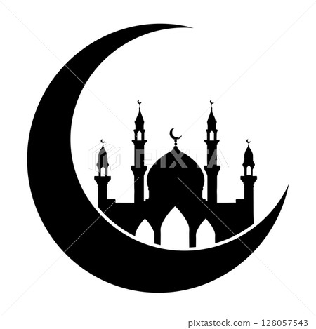 Mosque silhouette icon, Islamic place of worship, Muslim worship, vector illustration. Flat mosque vector. Mosque silhouette icon, Islamic place of worship, Muslim worship, vector illustration. Flat mosque vector. 128057543