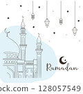 Ramadan mosque hand drawn illustration. Islamic doodle vector design elements. 128057549