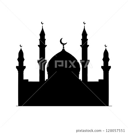 Mosque silhouette icon, Islamic place of worship, Muslim worship, vector illustration. Flat mosque vector. Mosque silhouette icon, Islamic place of worship, Muslim worship, vector illustration. Flat mosque vector. 128057551
