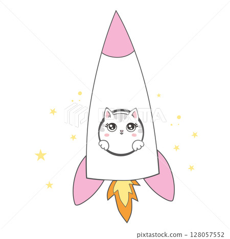 Cute Cat Riding Rocket Cartoon Vector Icon Illustration. Animal Science Icon Concept Isolated Premium Vector. 128057552