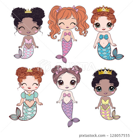set of happy cute little mermaids isolated on a white background. Children's fantasy underwater sea siren with a long tail set of happy cute little mermaids isolated on a white background. Children's fantasy underwater sea siren with a long tail 128057555