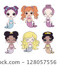 set of happy cute little mermaids isolated on a white background. Children's fantasy underwater sea siren with a long tail 128057556