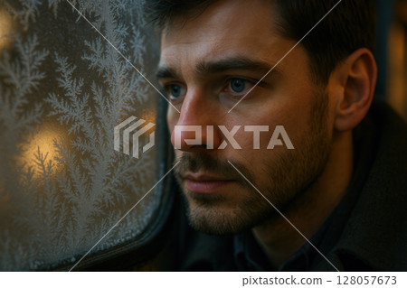 Thoughtful Man Watching Icy Fern Frost Spread across Winter Window Pane 128057673