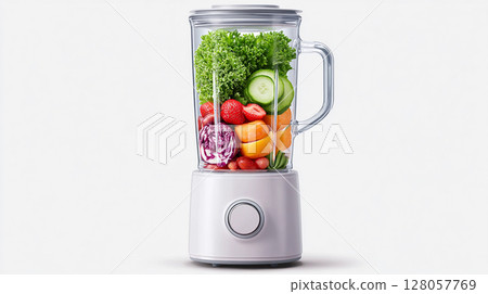 blender kitchen appliances with green healthy vegetables and berries with fruits for making smoothies 128057769