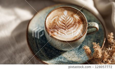 beautiful coffee art cappuccino with hard shadows in ceramic cup 128057772