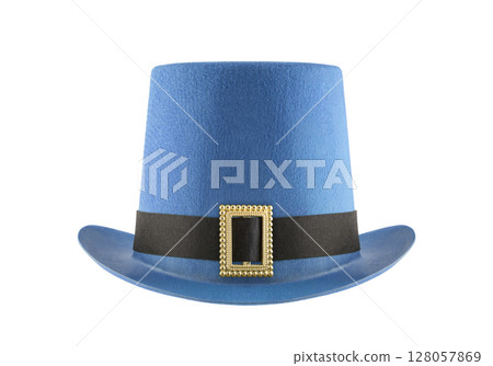 Blue felt top hat with gold buckle isolated on white with clipping path 128057869