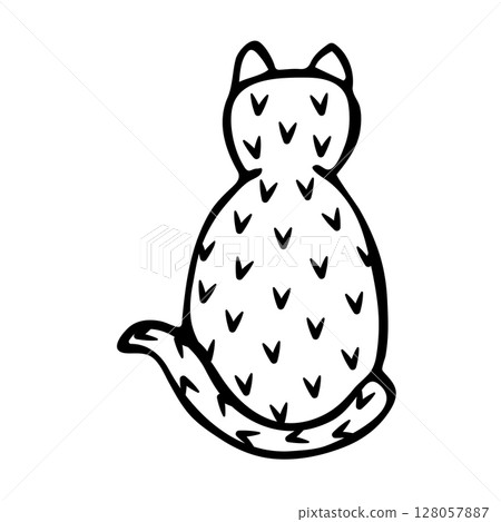 Cat sitting with its back to us, black and white doodle 128057887
