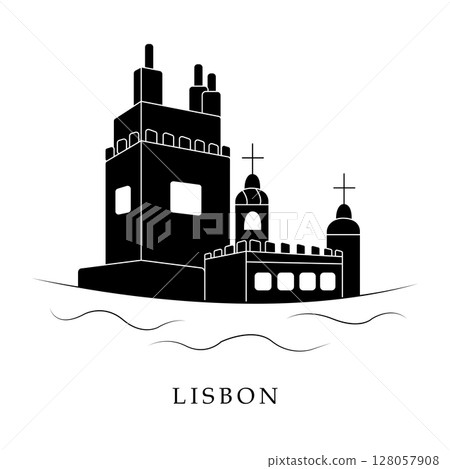 Lisbon, black and white illustration 128057908