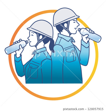 Heat stroke prevention: Illustration of a man and woman in work clothes drinking bottled water with relaxed expressions Heat stroke prevention: Illustration of a man and woman in work clothes drinking bottled water with relaxed expressions 128057915