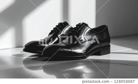Black Leather Oxford Shoes on Reflective Floor 128058087