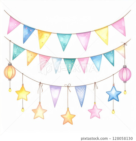 Pastel Watercolor Bunting with Stars and Lanterns 128058130