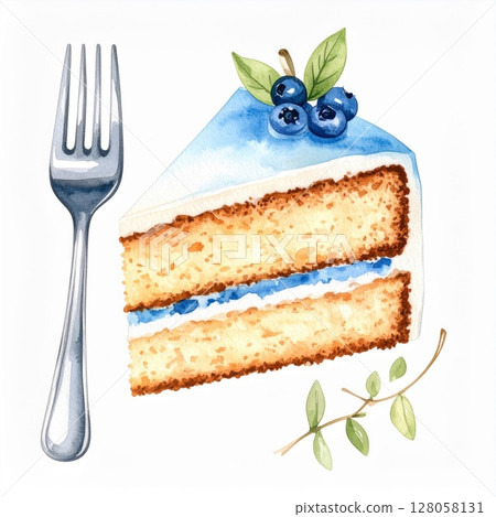 Watercolor Slice of Blueberry Cake with Fork 128058131