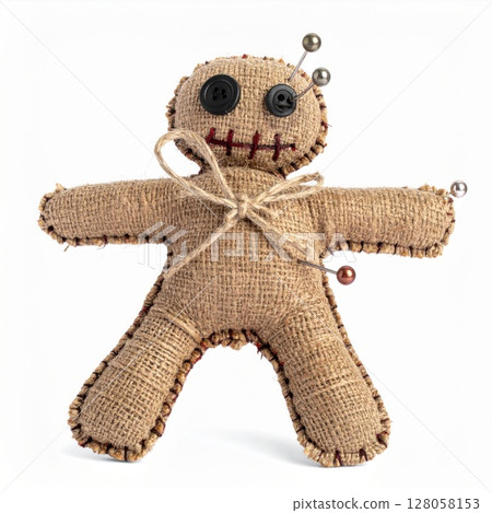 Burlap Voodoo Doll with Pins on White Background Burlap Voodoo Doll with Pins on White Background 128058153