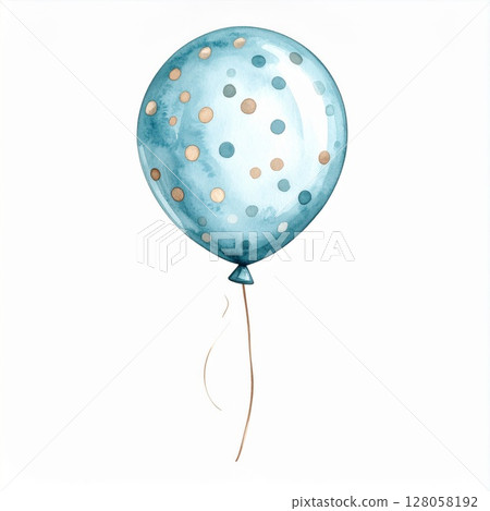 Blue Balloon with Gold Dots Watercolor Illustration 128058192