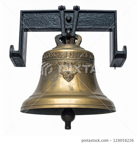 Brass Bell with Black Metal Mount on White Background Brass Bell with Black Metal Mount on White Background 128058226
