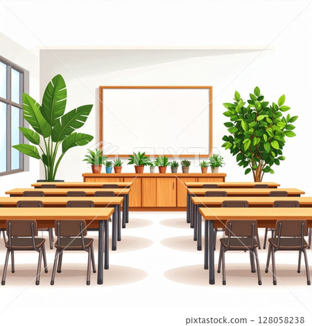 Bright Modern Classroom Interior with Plants and Whiteboard 128058238