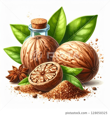 Nutmeg Spice Still Life with Ground Nutmeg and Star Anise 128058325