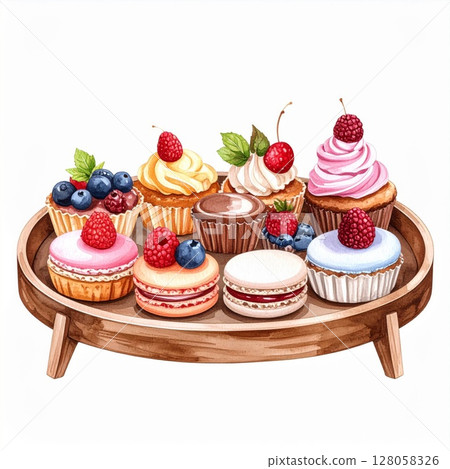 Assorted Cakes and Macarons on Wooden Tray 128058326